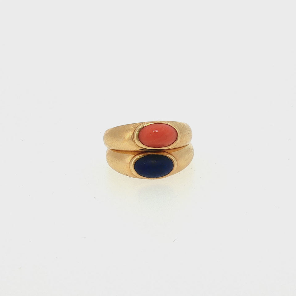 Van Cleef & Arpels Coral and Lapis Cabochon Ring Set French 18K Yellow Gold