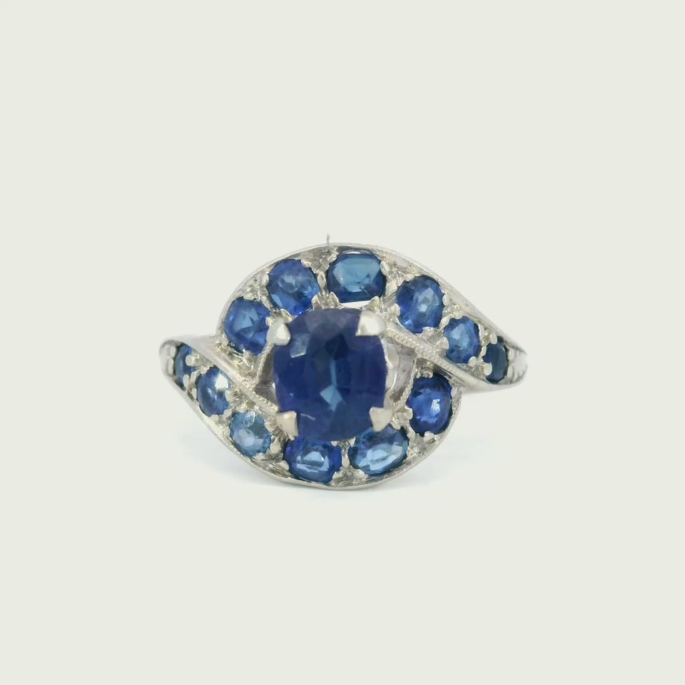 Art Deco Blue Sapphire Thai No Heat Halo Ring 14K White Gold