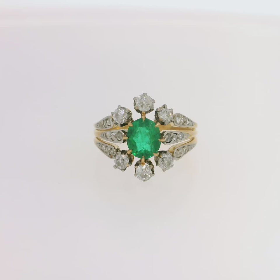 Antique Emerald Diamond Ring Edwardian Platinum Top 18K Yellow Gold F1 Emerald