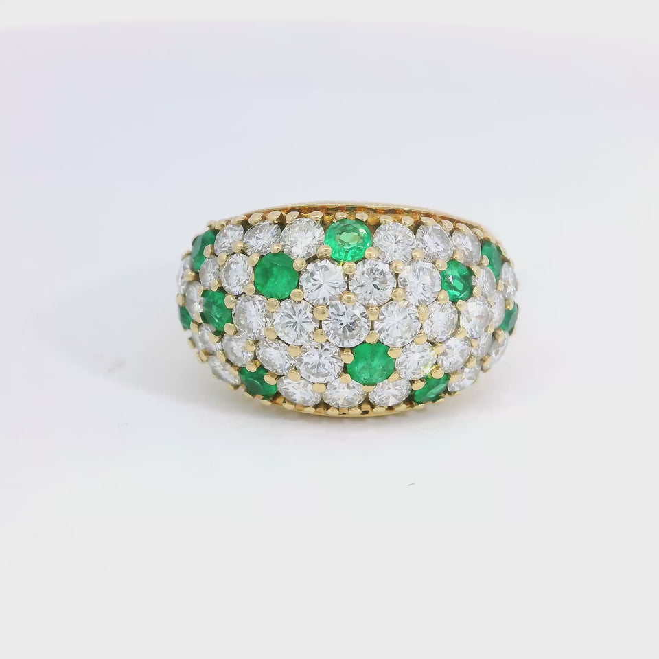 Vintage Pave Diamond Ring Emerald Accents French Made 18K Yellow Gold ~2.91ctw