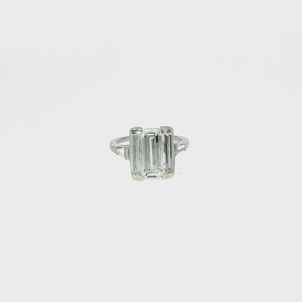 Vintage Elongated Emerald Cut Diamond Engagement Ring Platinum ~3.69ctw
