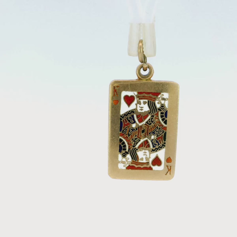 King of Hearts Charm Pendant 14K Yellow Gold Enamel King Card Vintage
