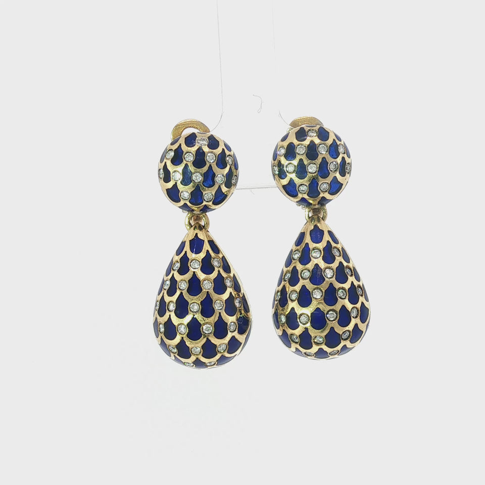 Vintage 18K Enamel Earring Plique-à-Jour Drops Yellow Gold 1960s