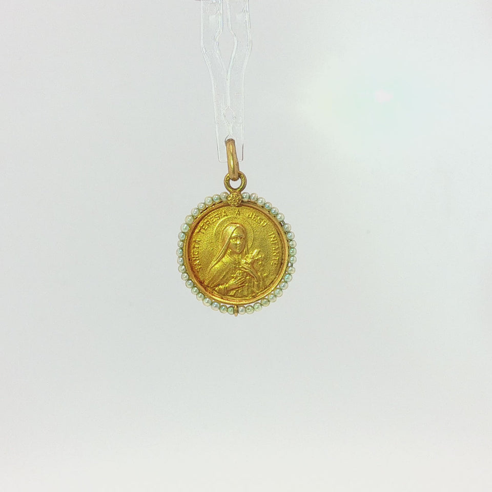 French Saint Therese Charm Pendant Pearl Accents 18K Yellow Gold Art Nouveau