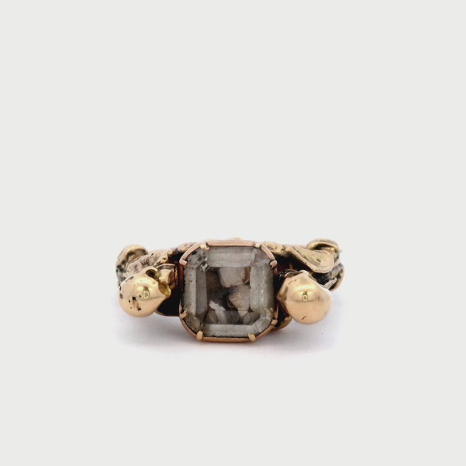 Vintage Georgian Style Double Skeleton Stuart Crystal Skull Ring 18 Karat Gold