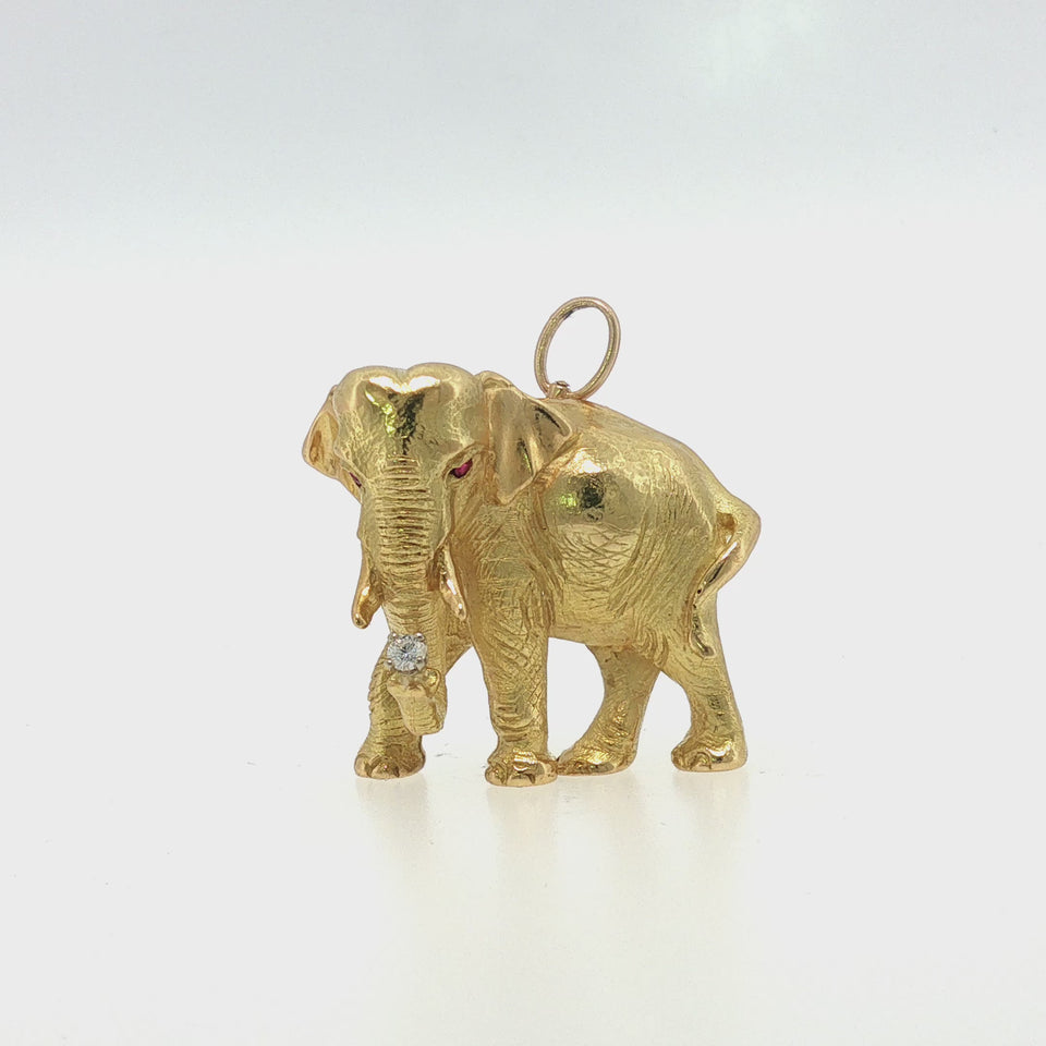 George Lederman Vintage Elephant Brooch in 18K Yellow Gold with Diamond and Ruby