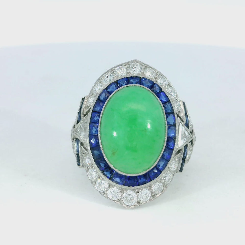 Vintage Jade Diamond Sapphire Platinum Statement Ring Art Deco Style ~7.94ctw