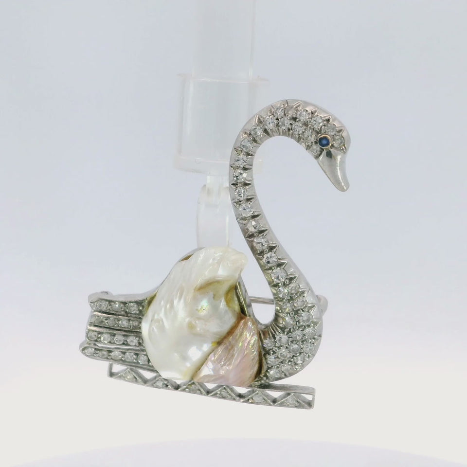 Vintage Diamond Swan Brooch Baroque Pearl Palladium ~1.28ctw