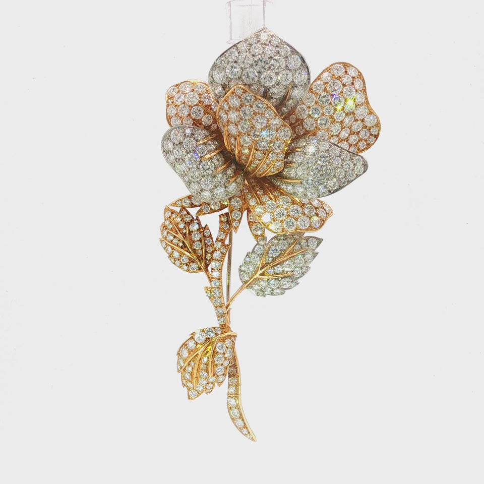 Andre Vassort Diamond Flower Brooch French 18K Yellow Gold & Platinum ~32.0 CTW