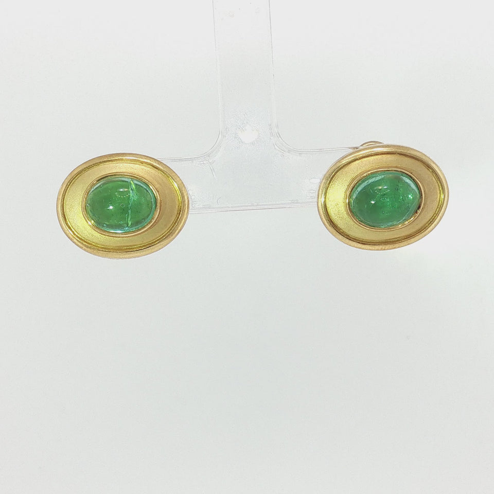 Vintage 18K Green Tourmaline Earrings by Susan Sadler Cabochon Cut Yellow Gold