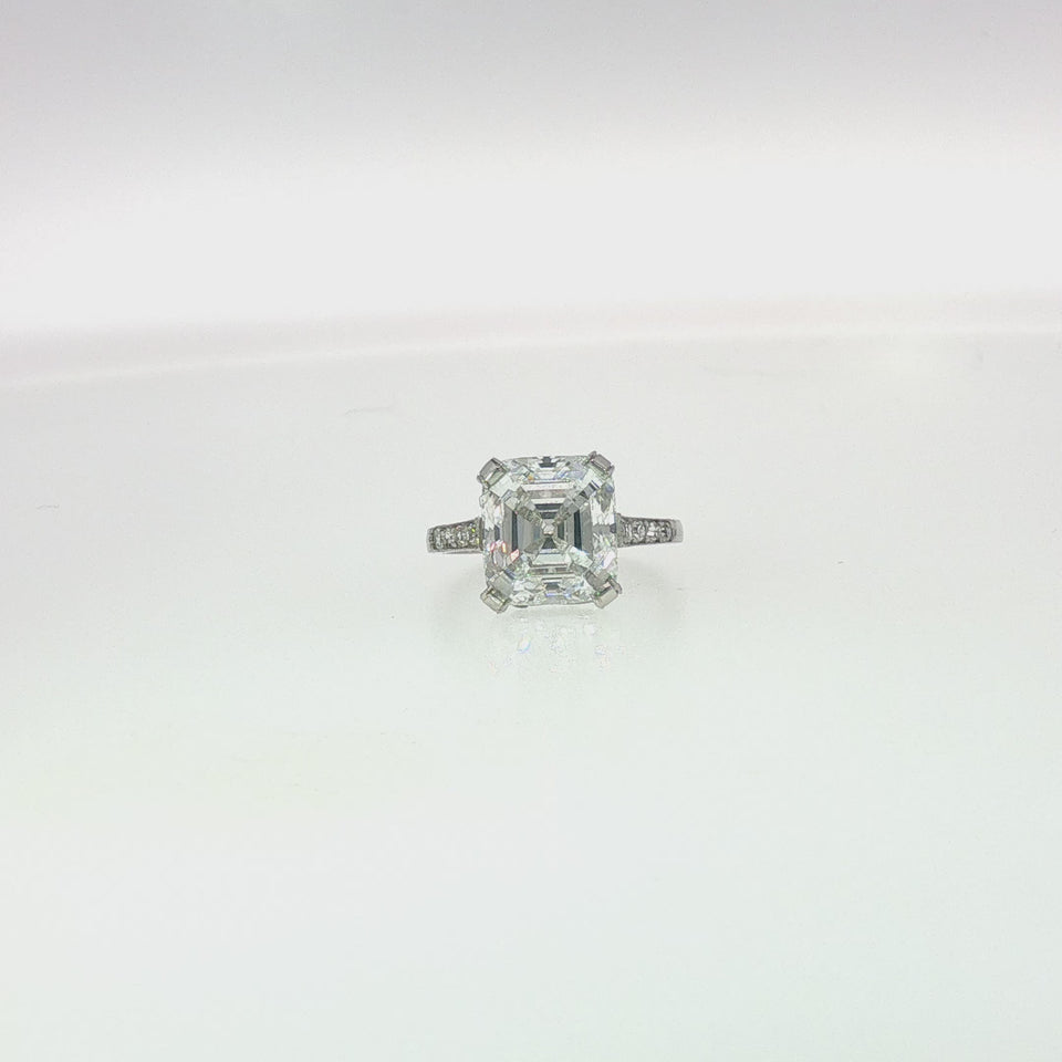 Art Deco Asscher Cut Diamond Platinum Engagement Ring GIA 4.09ct F VS1