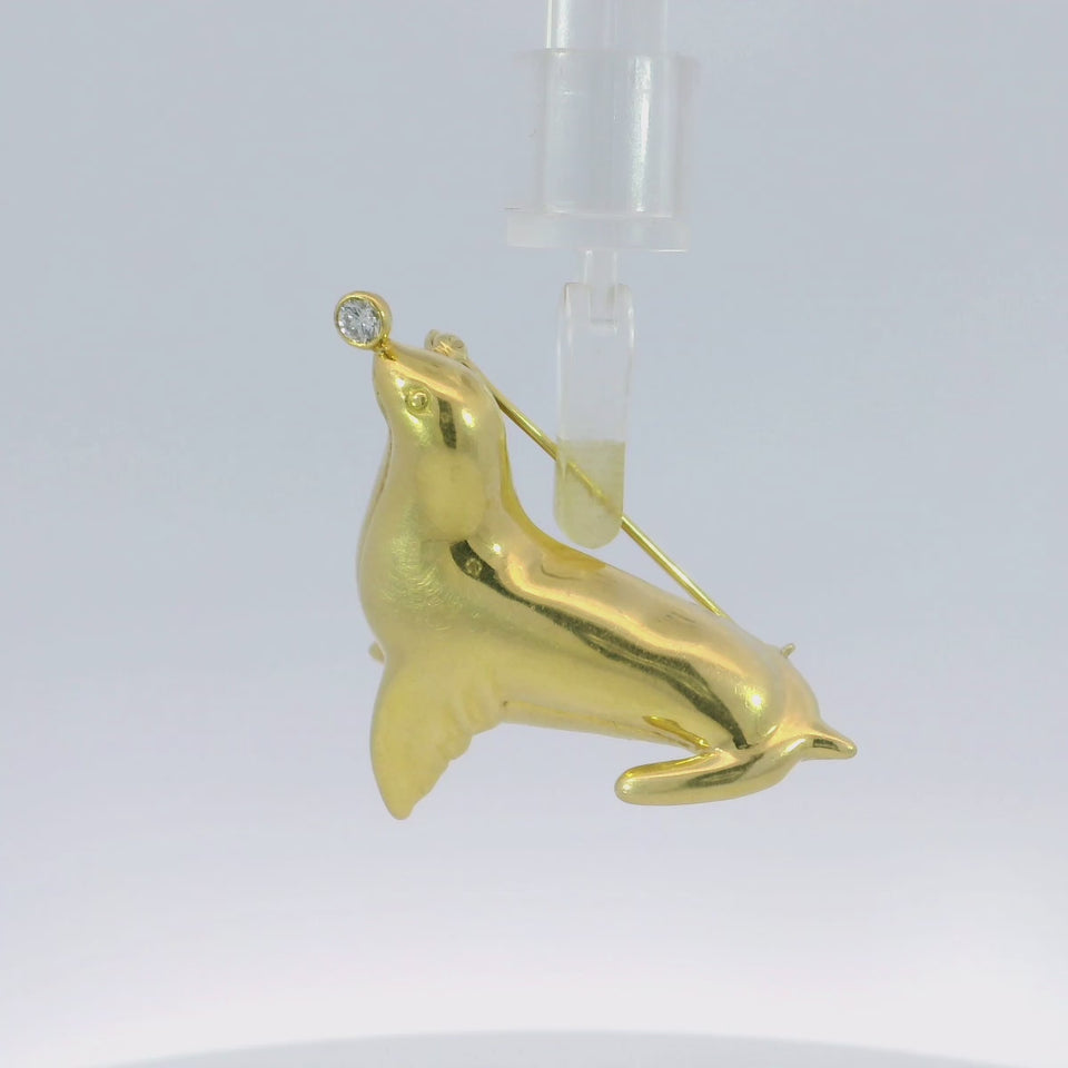 Tiffany & Co. Animal Seal Brooch Balancing Diamond Ball 18K Yellow Gold
