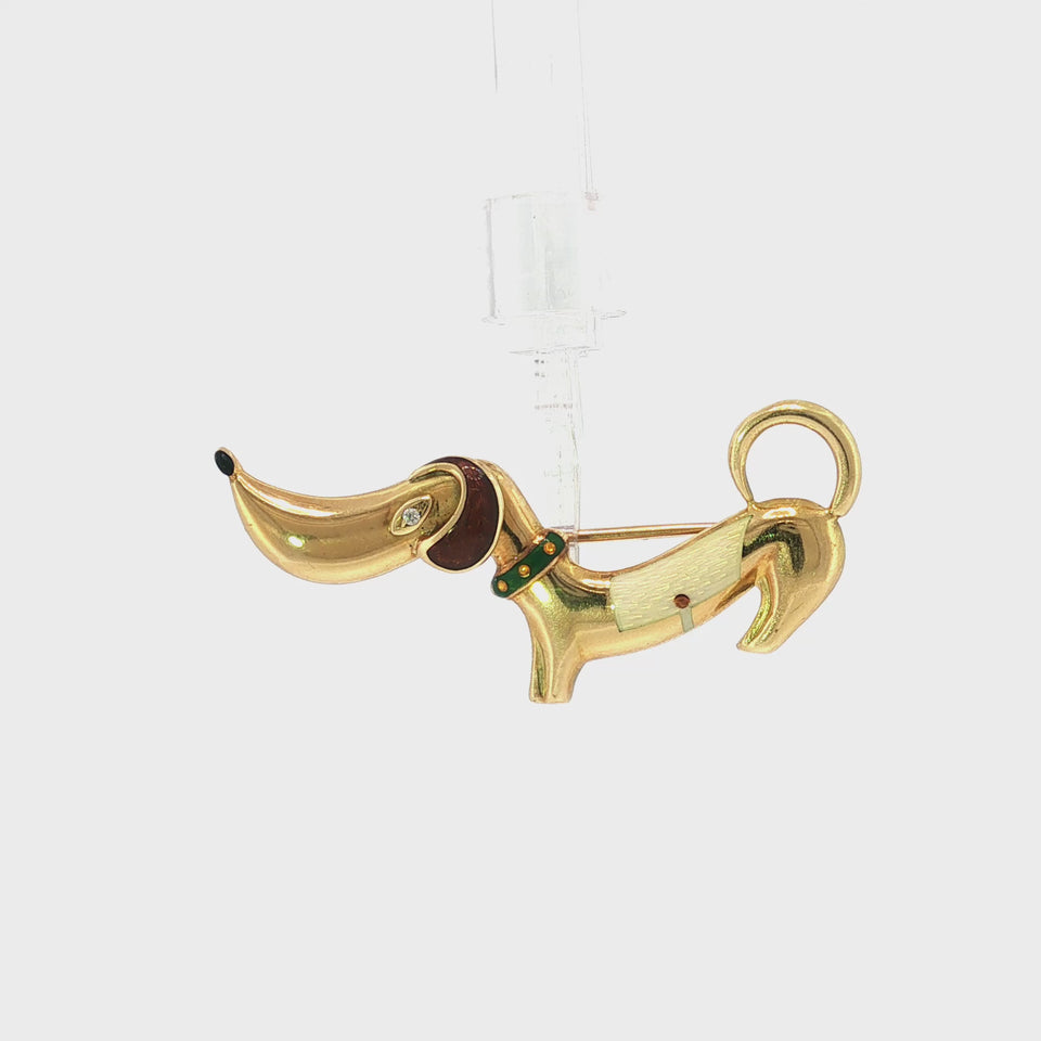 Bulgari Dachshund Brooch Pin 18K Yellow Gold Enamel & Diamond 1980s