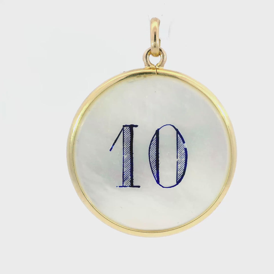 18K Poker Chip Pendant Mother of Pearl Blue Enamel 18K YG “10”