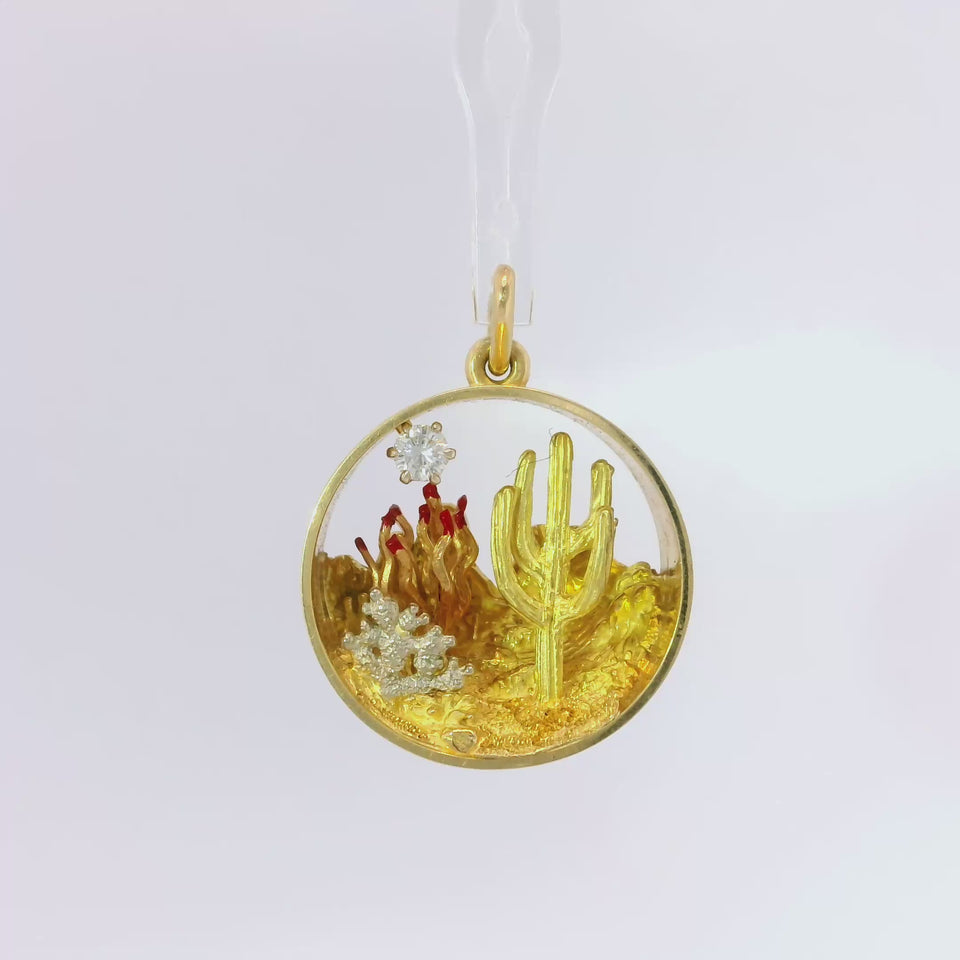 Bryson 18K Cactus Pendant Desert Landscape 1989 Yellow Gold