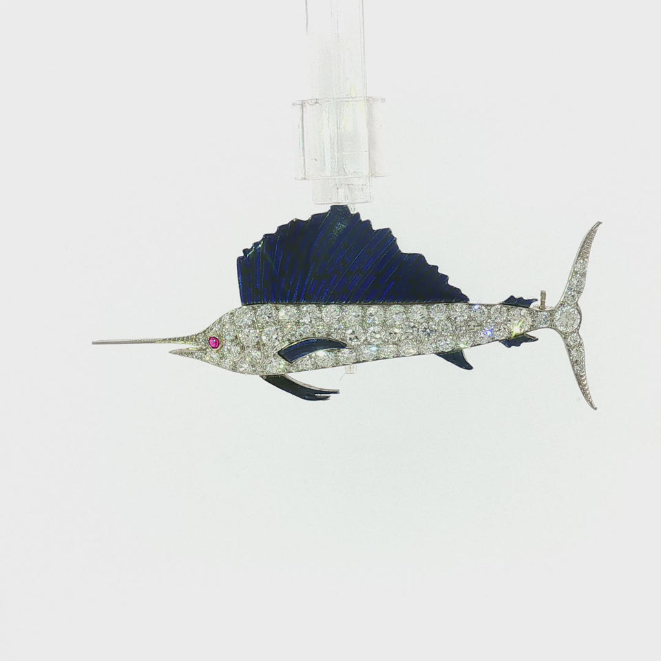 Vintage Diamond Marlin Fish Brooch Enamel 18K White Gold 1950s