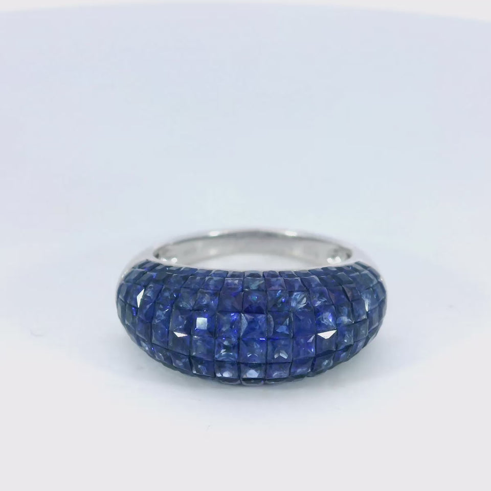 Modern Invisible Set Princess Cut Natural Blue Sapphire Ring in 18K White Gold