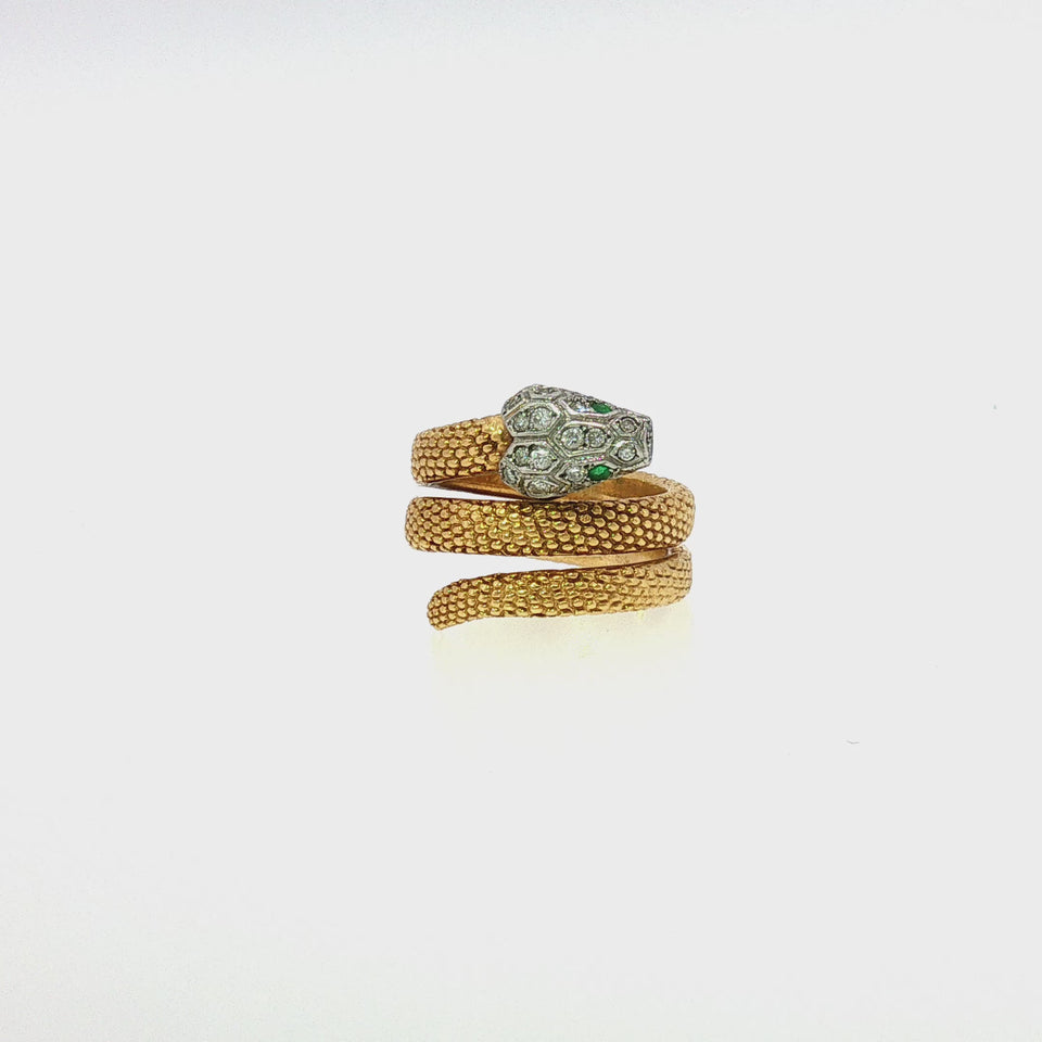 Cartier Paris Snake Ring Diamond & Emerald eyes 18K Yellow Gold