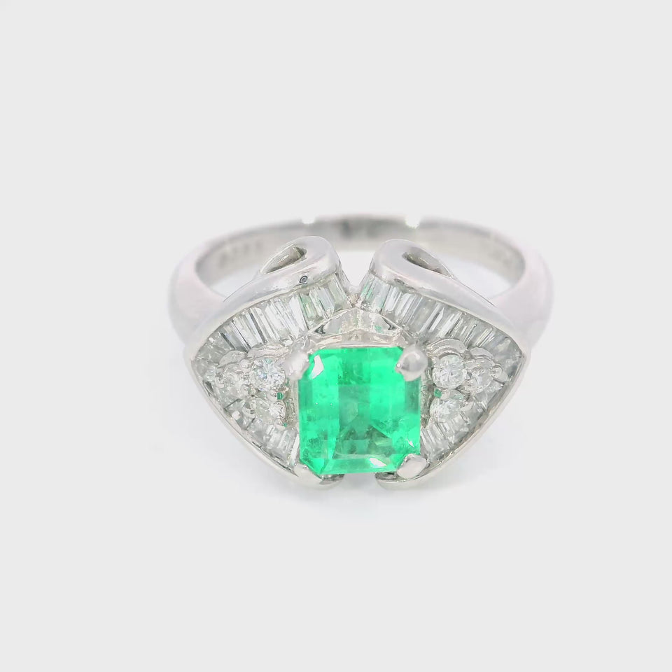 Estate Emerald Diamond Cocktail Ring Platinum ~1.96ctw Size 9