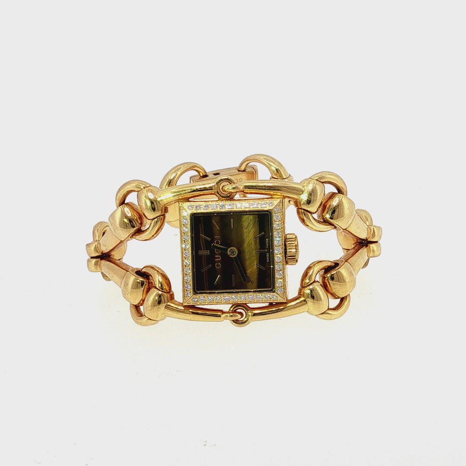 Vintage Gucci Horsebit 'Signoria' Diamond Bezel Tigers Eye 18K Gold Watch 1980
