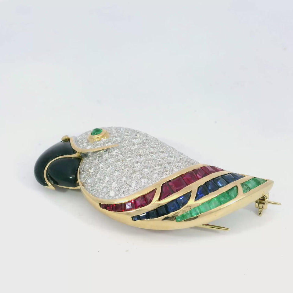 Modern Toucan Diamond Bird Brooch 18K Yellow Gold with Emerald Rubies Sapphires