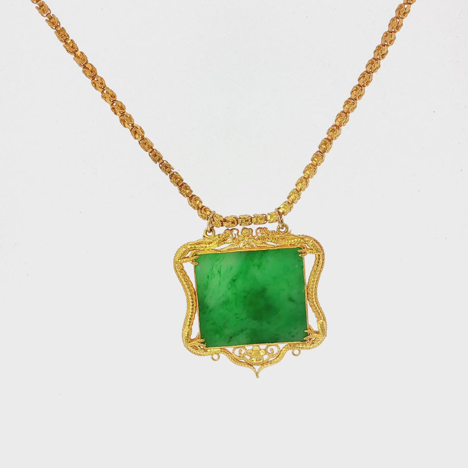 Vintage 20K Jade Dragon Pendant Necklace Yellow Gold