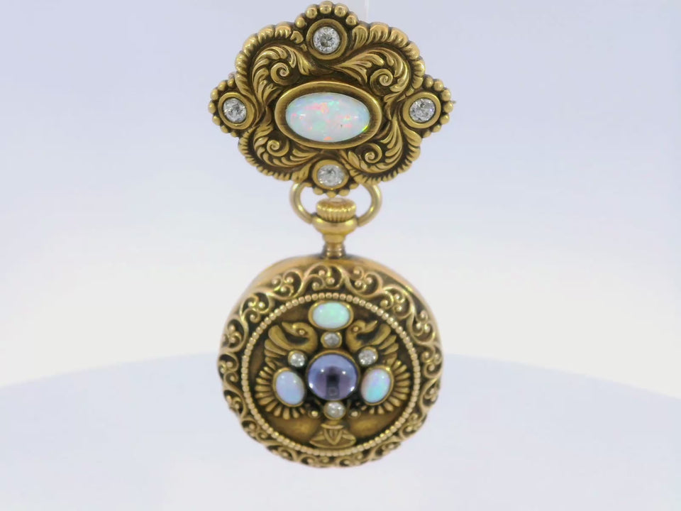 Riker Brothers Art Nouveau Opal and Sapphire Pocket Watch Brooch 14 Karat Gold