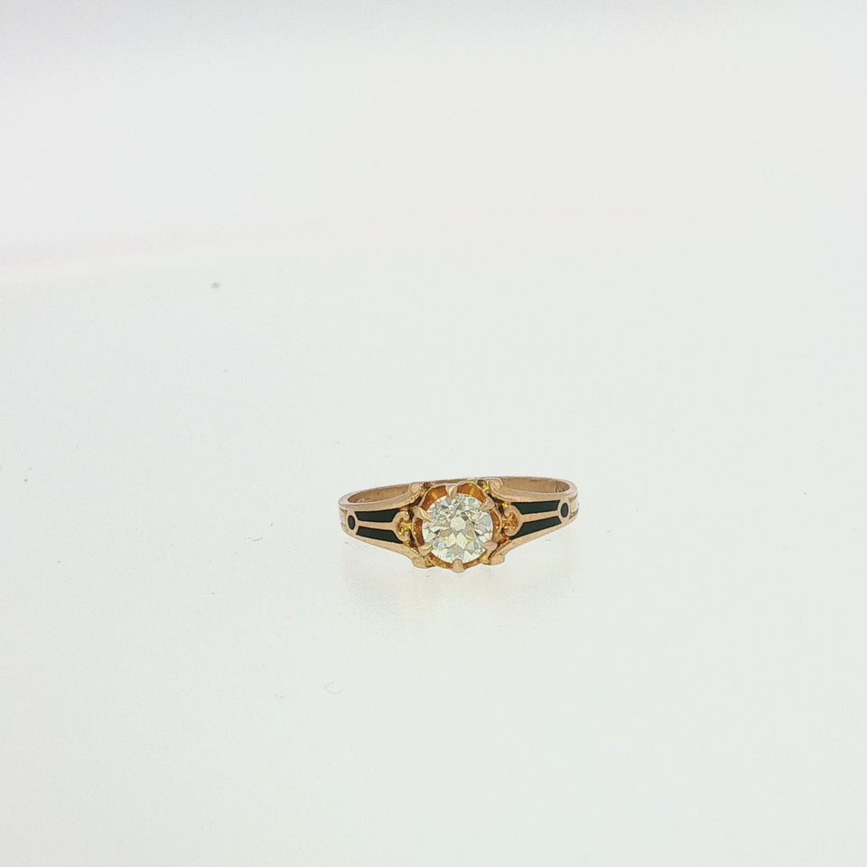 Antique Old European Cut Diamond Engagement Ring Black Enamel 10K Yellow Gold