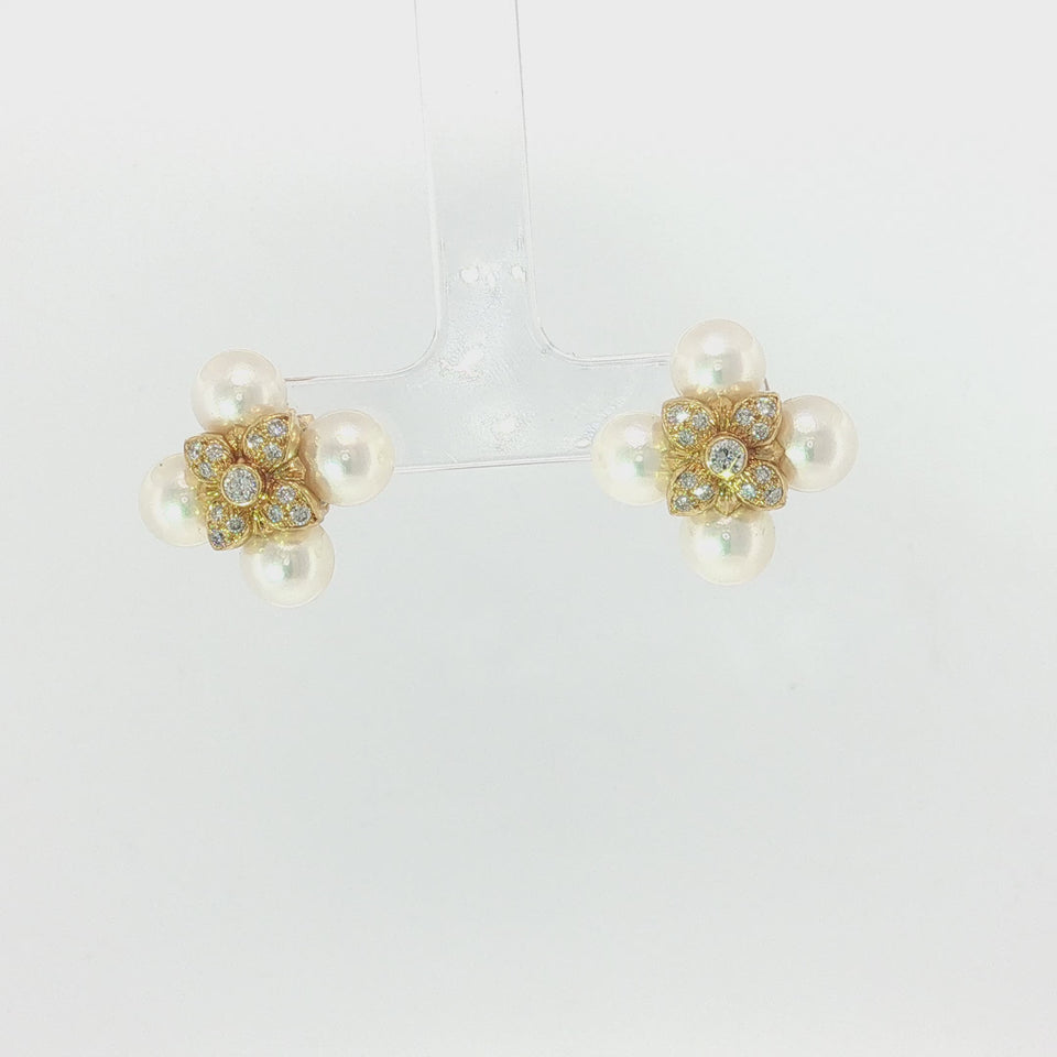 Mikimoto Pearl Diamond Earrings 18K Yellow Gold Studs Cultured Pearls