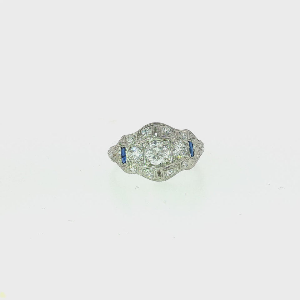 Art Deco C.D. Peacock Platinum Diamond Three Stone Band with Sapphire Accents