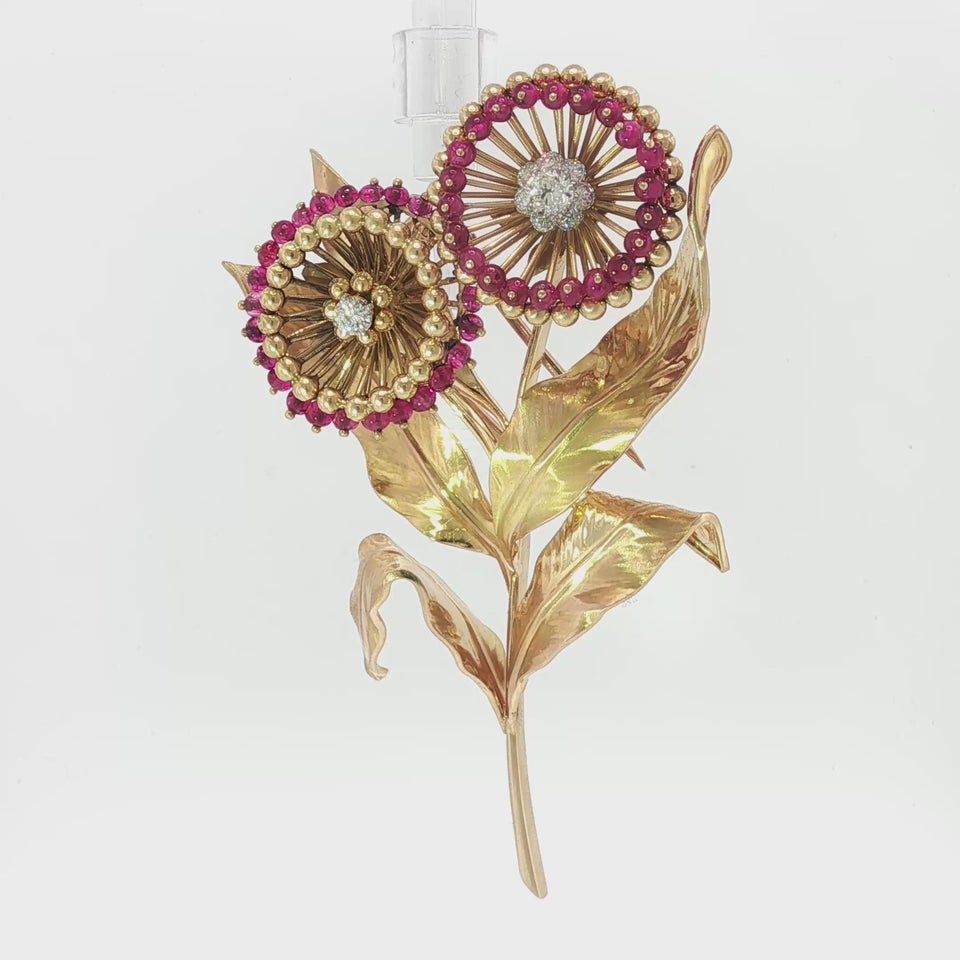 Cartier Paris Flower Brooch 18K Yellow Gold Ruby & European Cut Diamonds ~4.5ctw