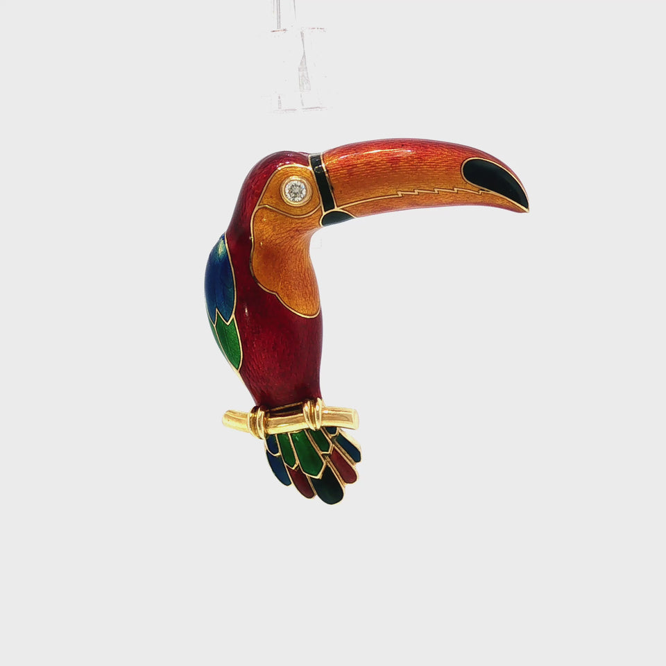 Bulgari Toucan Brooch with Enamel and Diamond in 18K Yellow Gold
