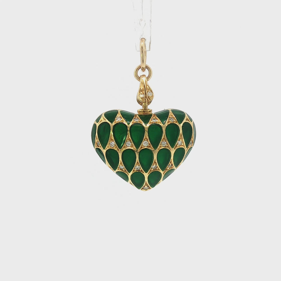 Vintage 18K Puffy Heart Pendant Plique A Jour Enamel with Diamonds Yellow Gold