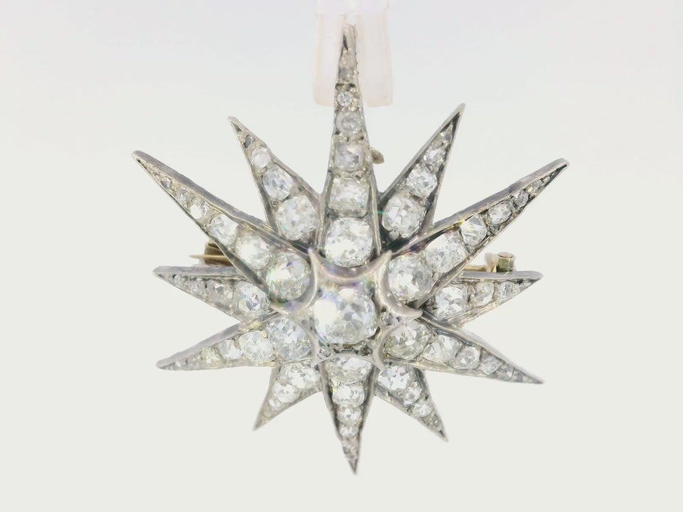 Victorian Diamond Star Pendant Brooch Silver-topped 14K Gold ~3.5ctw