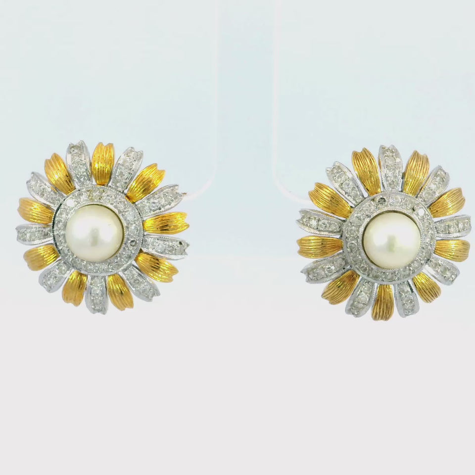 Vintage 18K Diamond and Pearl Sunflower Stud Earrings in White and Yellow Gold