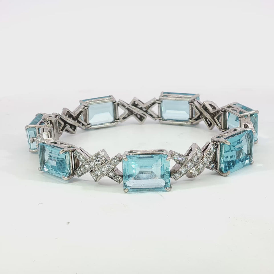 Art Deco Aquamarine Diamond Bracelet ~35.9ctw 14K White Gold