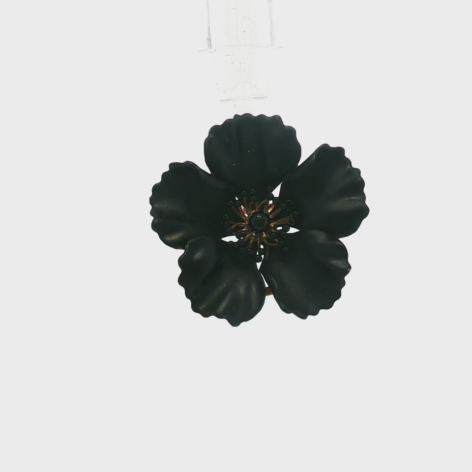 Antique Pansy Flower Brooch 18K Black Enamel Art Nouveau 18K Yellow Gold