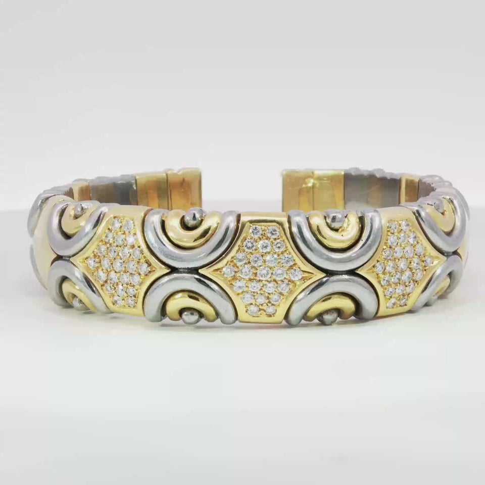 Vintage Italian 18K Diamond Cuff Bracelet Gold & Steel by Acciaio Foro ~1.87ctw