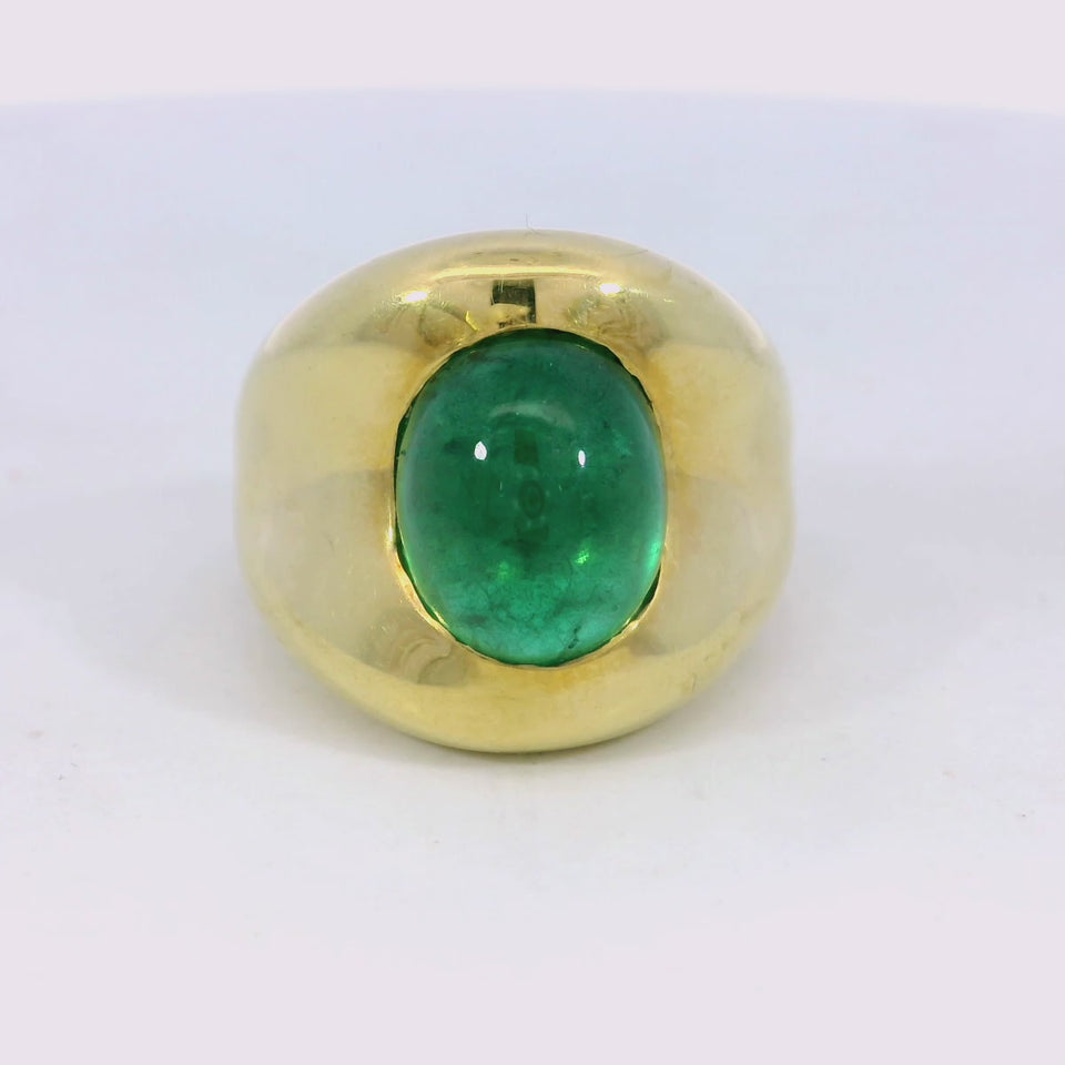 Vintage 18K Emerald Ring Yellow Gold Cabochon Cut ~5.84ct Size 7.25