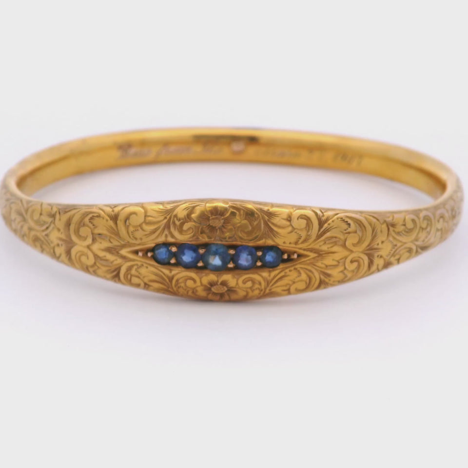 Art Nouveau Engraved 1907 18 Karat Yellow Gold Bangle With Sapphires