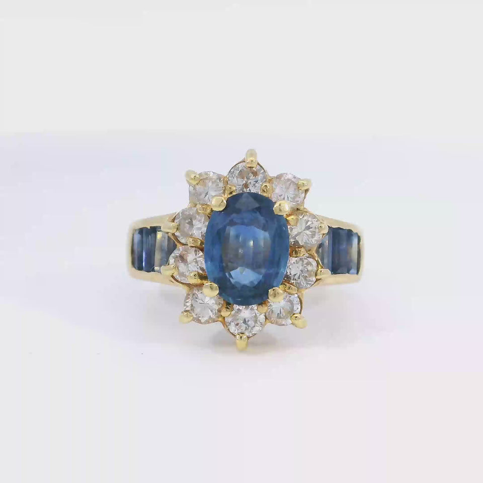 Estate Sapphire Diamond Cluster Ring 18K Yellow Gold ~3.77ctw
