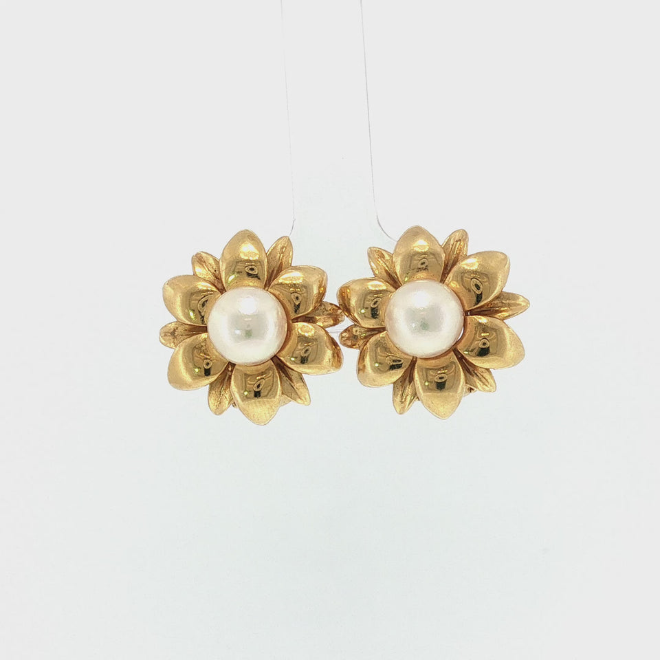 Mikimoto 18K Pearl Earrings Floral Motif Yellow Gold Studs