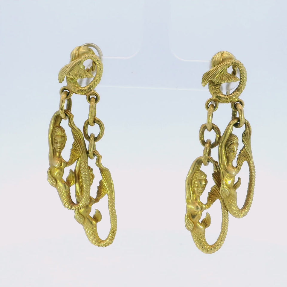 Vintage Mermaid Dangle Earrings 18K Yellow Gold Clip Ons