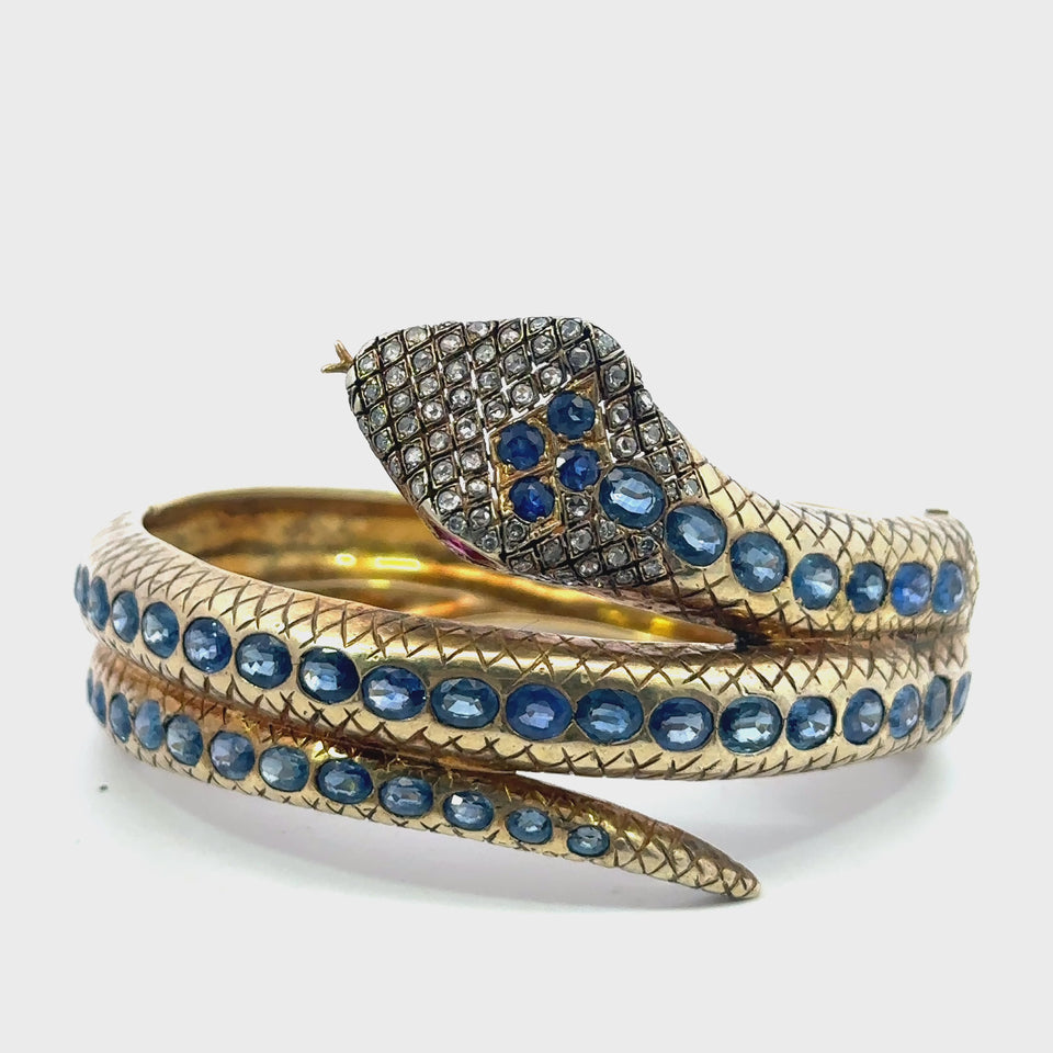 Vermeil Gold and Silver 9.6ct Natural Sapphire and Diamond Snake Bangle Bracelet