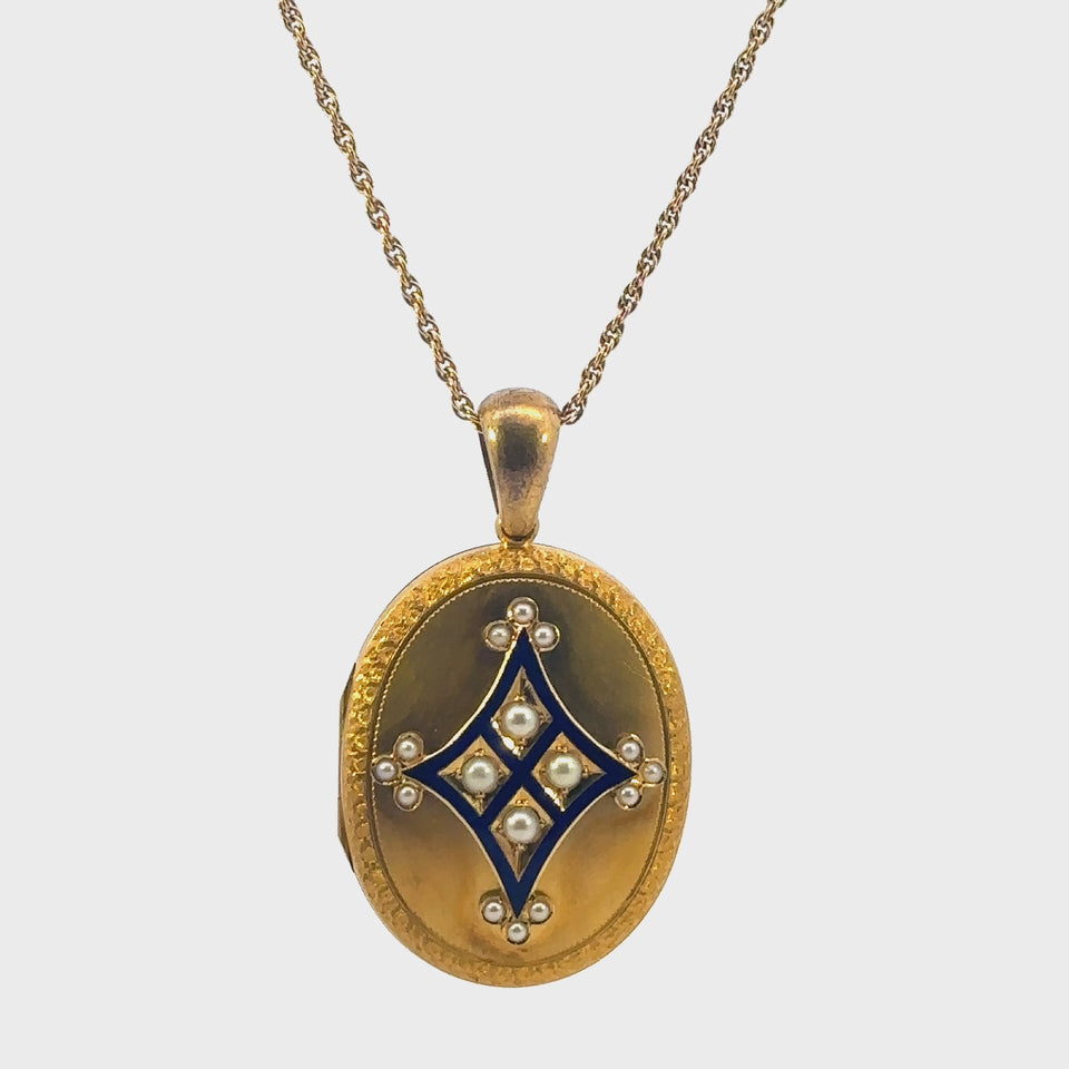 Victorian Pearl Locket With Blue Enamel in 18K Yellow Gold