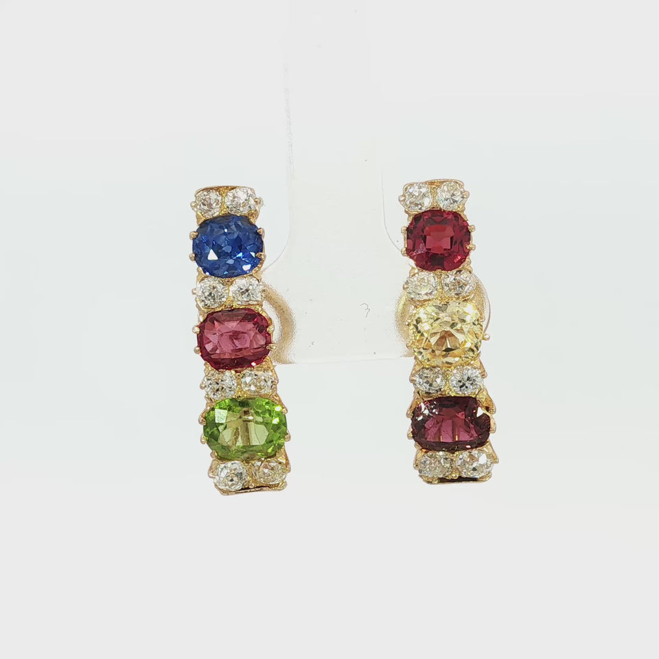 Antique Victorian Diamond Earrings Multi Gemstone Center 14K Yellow Gold