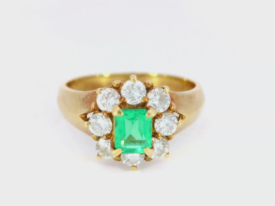 Vintage 18K Emerald and Diamond Flower Motif Cluster Ring Yellow Gold