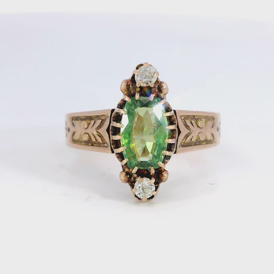 Victorian Demantoid Diamond Three Stone Ring 14K Rose Gold ~1.31ctw