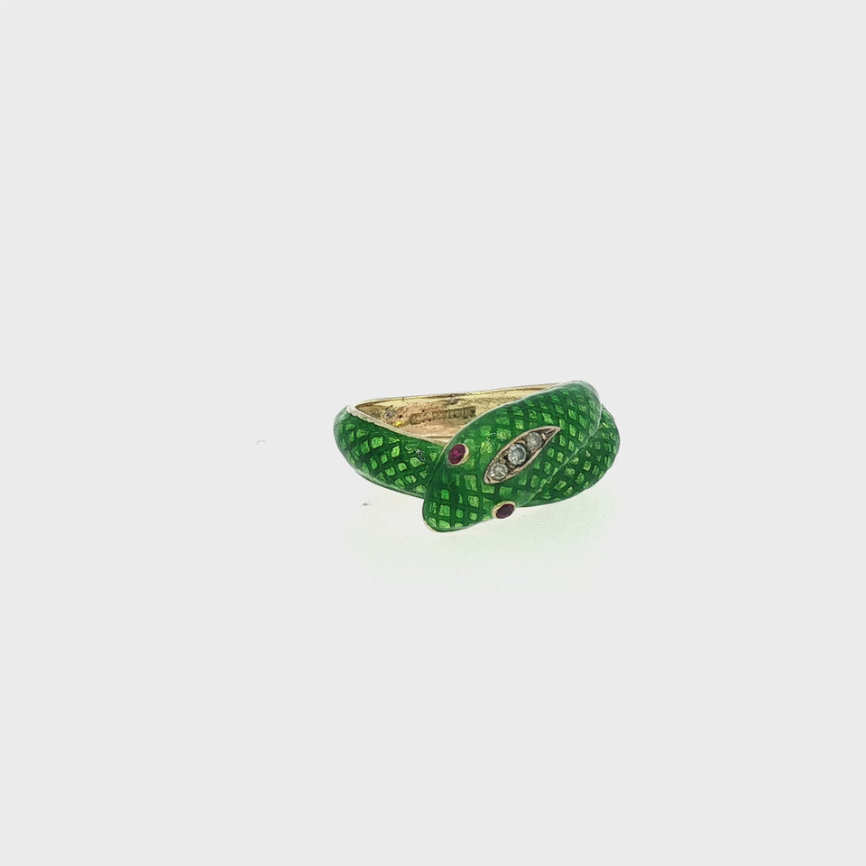 Cartier 18K Snake Ring Vintage Yellow Gold Diamond Ruby Accents