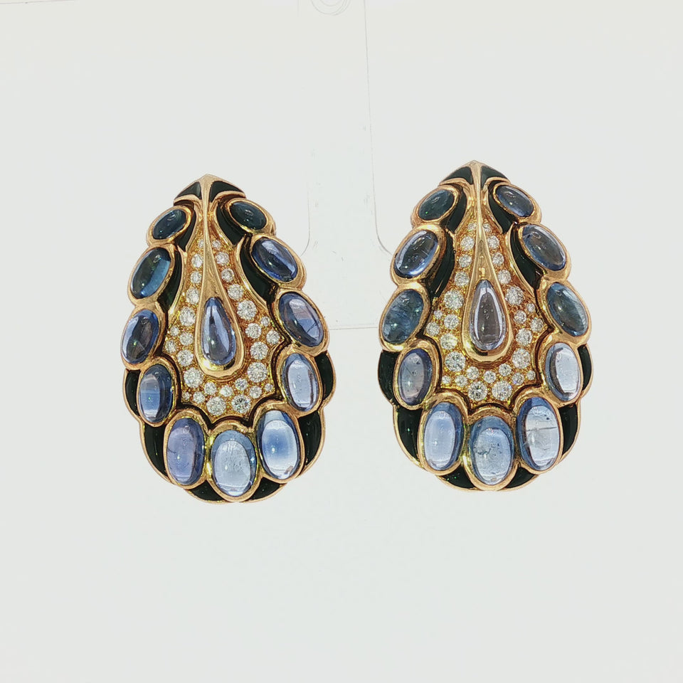 Marina B Sapphire Diamond Earrings Black Enamel Clip-On 18K Yellow Gold